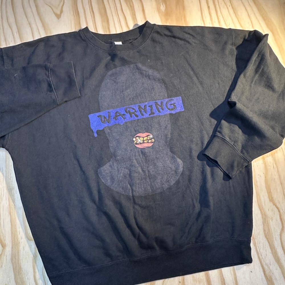 MJ Apparel Mens XL Black Warning Graphic Balaclava Grillz Crewneck Sweatshirt